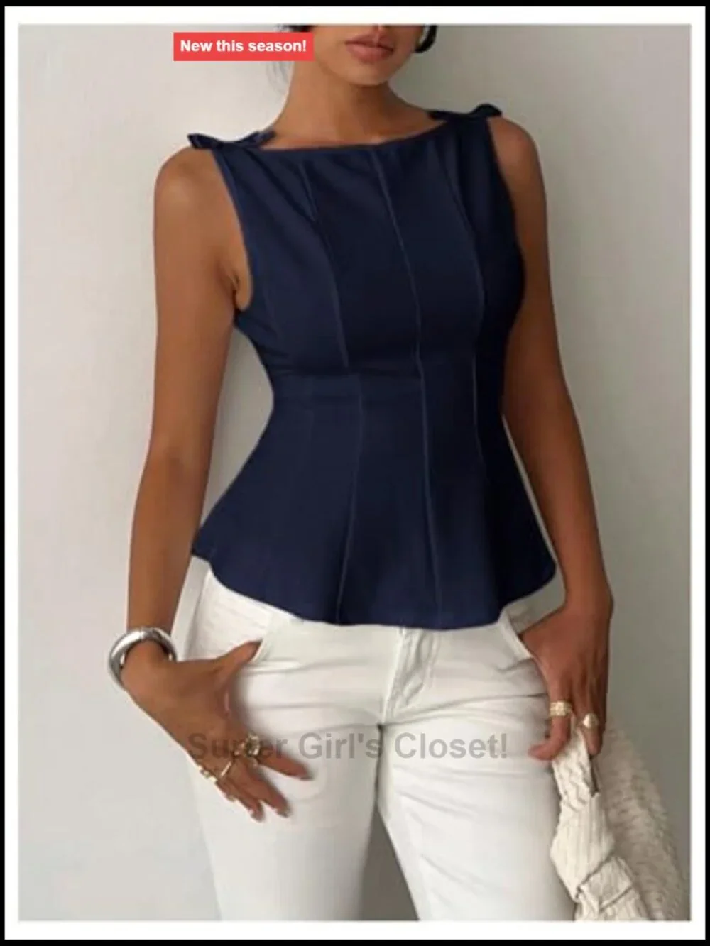 Women's Sleeveless Boat Neck Cinched Waist Peplum Tank Top Stretchable